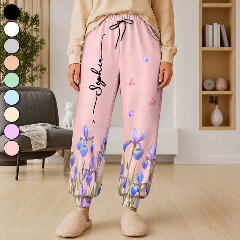 Gift For Yourself,Gift For Women,Icon,Happy - Birth Month Flower Name Gift For Mom Daughter Besties - Personalized Pajama Pants