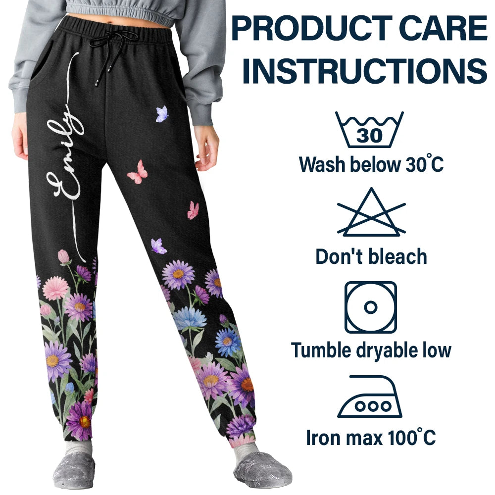 Gift For Yourself,Gift For Women,Icon,Happy - Birth Month Flower Name Gift For Mom Daughter Besties - Personalized Pajama Pants