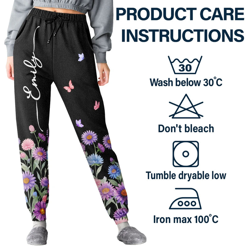 Gift For Yourself,Gift For Women,Icon,Happy - Birth Month Flower Name Gift For Mom Daughter Besties - Personalized Pajama Pants