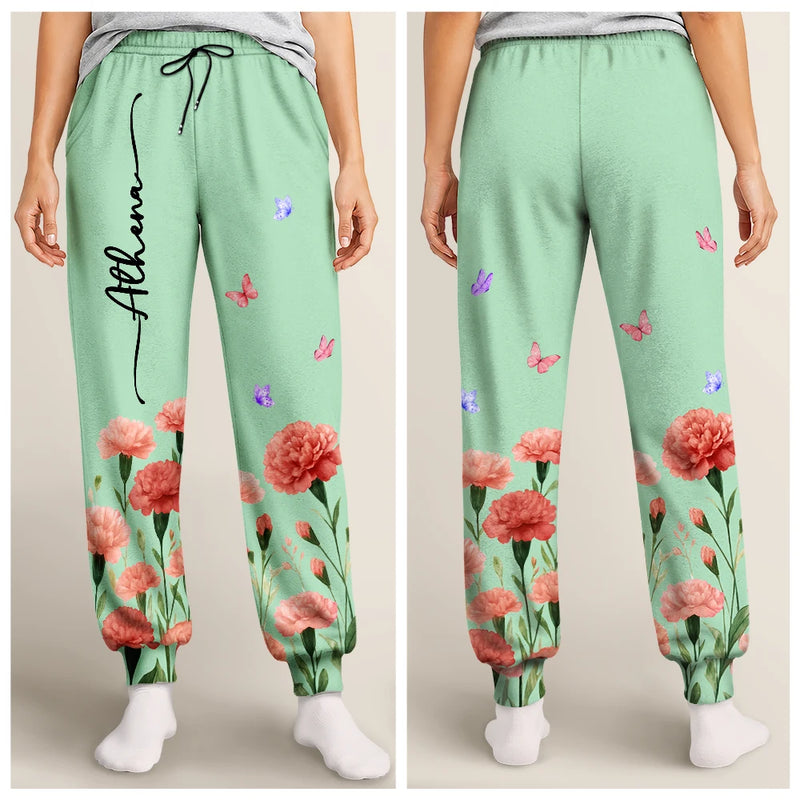 Gift For Yourself,Gift For Women,Icon,Happy - Birth Month Flower Name Gift For Mom Daughter Besties - Personalized Pajama Pants
