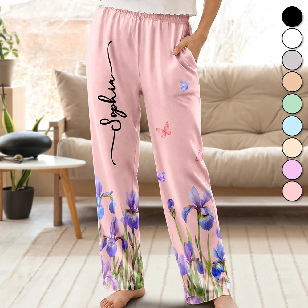 Birth Month Flower Name Gift For Mom Daughter Besties - Personalized Pajama Pants