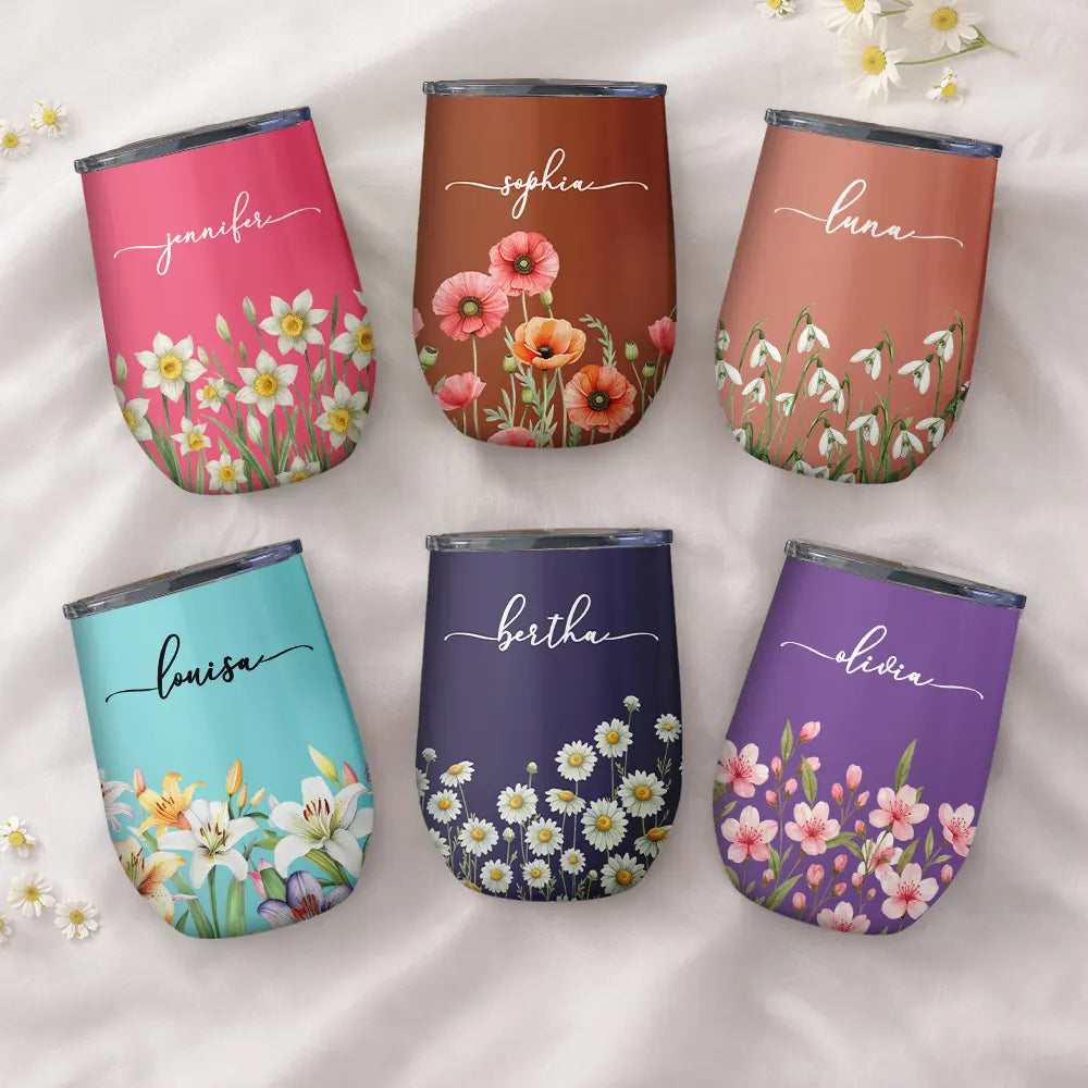 Birth Month Flower Watercolor Blooming In Love - Personalized Wine Tumbler