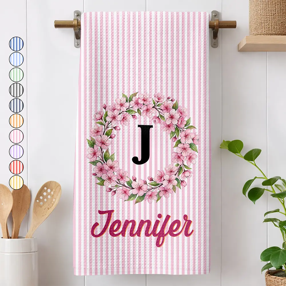 Gift For Yourself,Gift For Women,Icon,Happy - Birth Month Flower Woman Name Striped Pattern - Personalized Kitchen Towel
