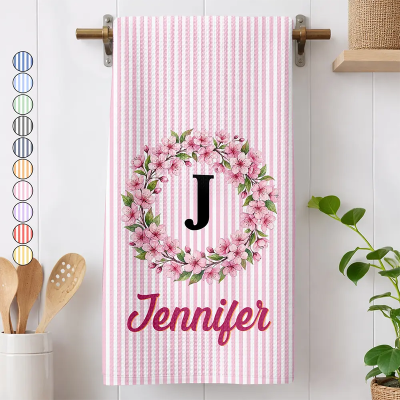 Gift For Yourself,Gift For Women,Icon,Happy - Birth Month Flower Woman Name Striped Pattern - Personalized Kitchen Towel