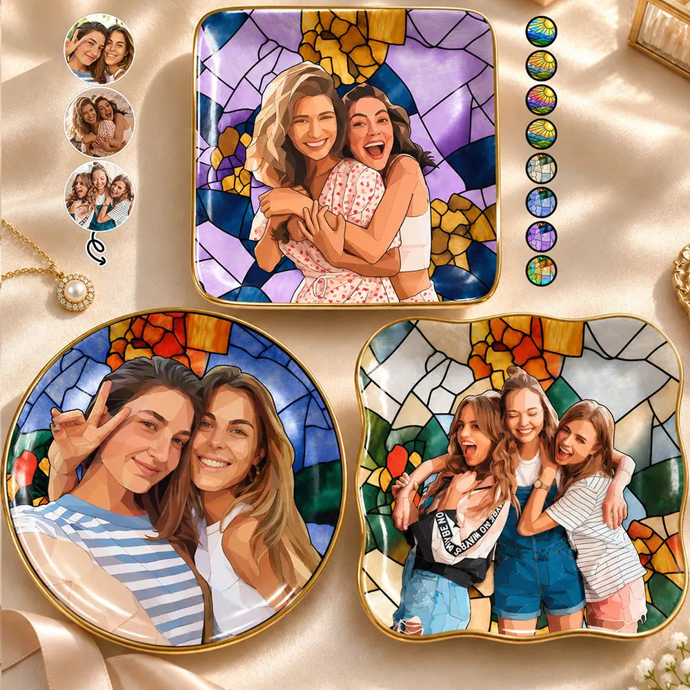 Birthday Gift For Bestie - Personalized Custom Photo Stained Glass Effect Ring Dish