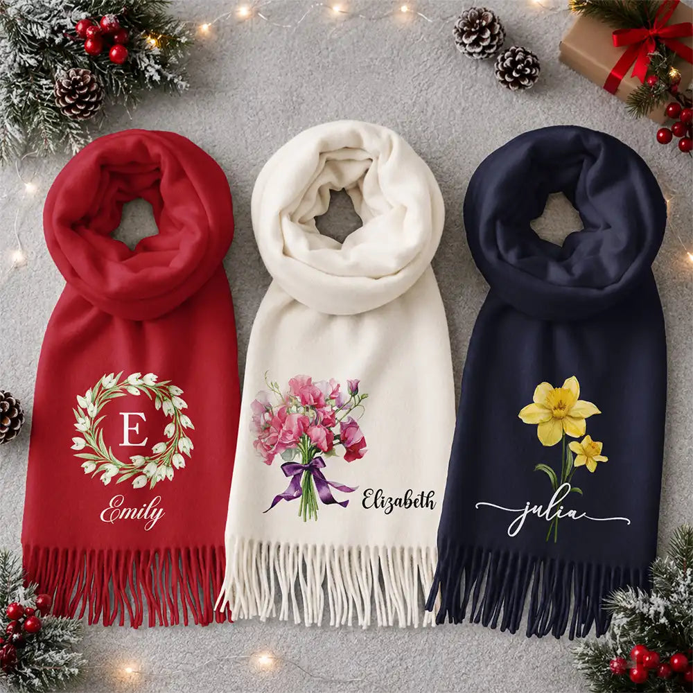 Christmas, Gift For Women, Gift For Yourself, Gifts For Her, Happy, Icon - Birthday Gift For Mom Grandma - Personalized Name Birth Month Flower Tassel Scarf