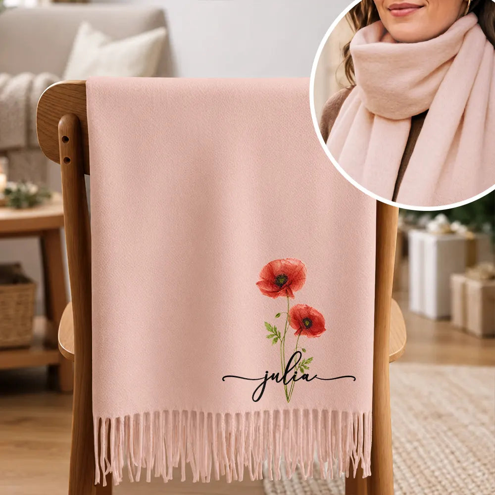 Christmas, Gift For Women, Gift For Yourself, Gifts For Her, Happy, Icon - Birthday Gift For Mom Grandma - Personalized Name Birth Month Flower Tassel Scarf