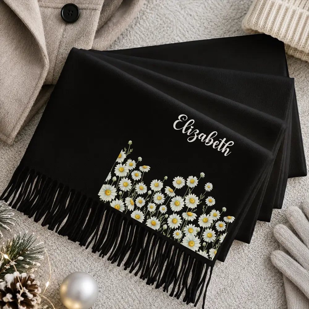 Christmas, Gift For Women, Gift For Yourself, Gifts For Her, Happy, Icon - Birthday Gift For Mom Grandma - Personalized Name Birth Month Flower Tassel Scarf