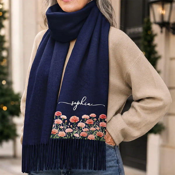 Christmas, Gift For Women, Gift For Yourself, Gifts For Her, Happy, Icon - Birthday Gift For Mom Grandma - Personalized Name Birth Month Flower Tassel Scarf