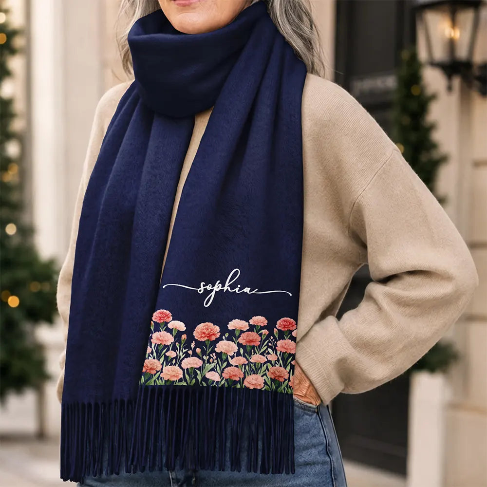 Birthday Gift For Mom Grandma - Personalized Name Birth Month Flower Tassel Scarf