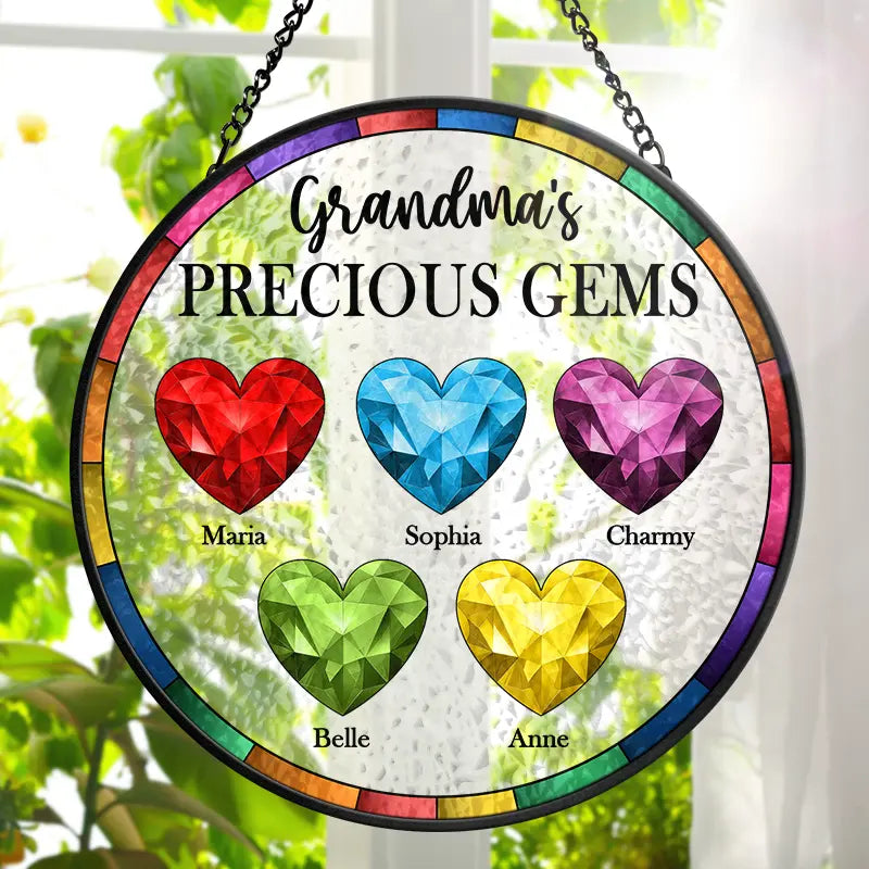 Gift For Women,Gift For Mother,Gift For Grandma - Birthstone Grandma's Precious Gem - Personalized Stained Glass Window Hanging Suncatcher
