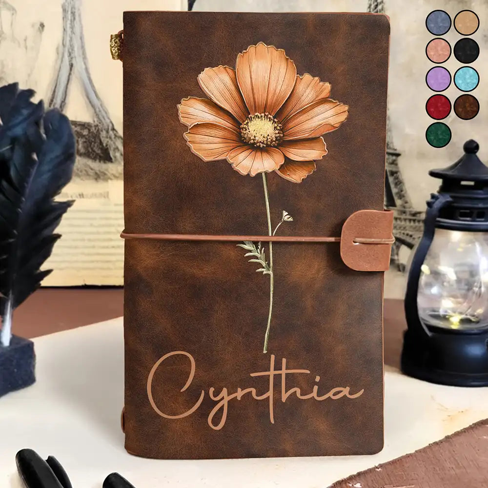 Bloom Where You're Planted Texture Effect Birth Flowers - Personalized Leather Vintage Journal