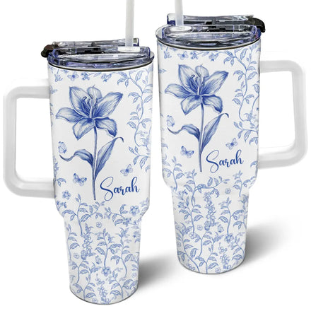 Bloom Where You're Planted Toile Birth Flower - Personalized 40oz Tumbler With Straw