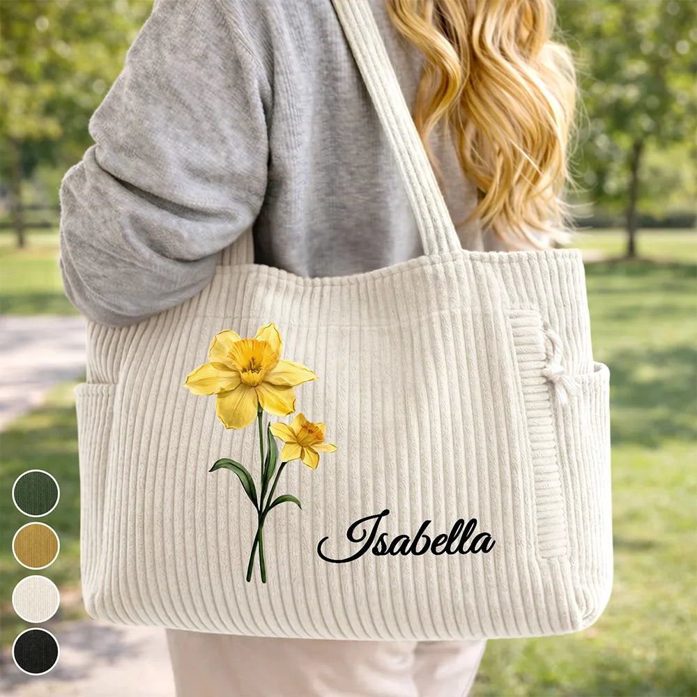 Blooming In Love Faux Pressed Birth Flower - Personalized Corduroy Tote Bag