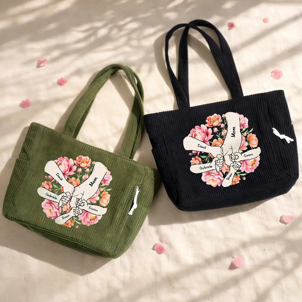 Happy,Gift For Wife,Gift For Yourself,Gift For Women,Gift For Mother,Gift For Grandma - Blooming In Mom's Grandma’s Hands - Personalized Corduroy Tote Bag