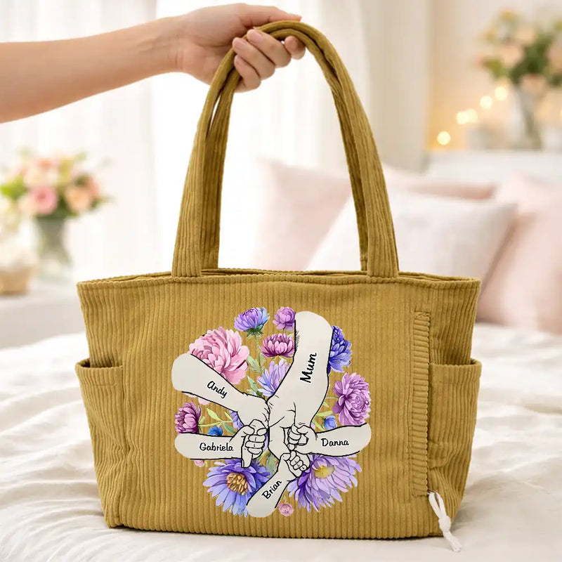 Happy,Gift For Wife,Gift For Yourself,Gift For Women,Gift For Mother,Gift For Grandma - Blooming In Mom's Grandma’s Hands - Personalized Corduroy Tote Bag