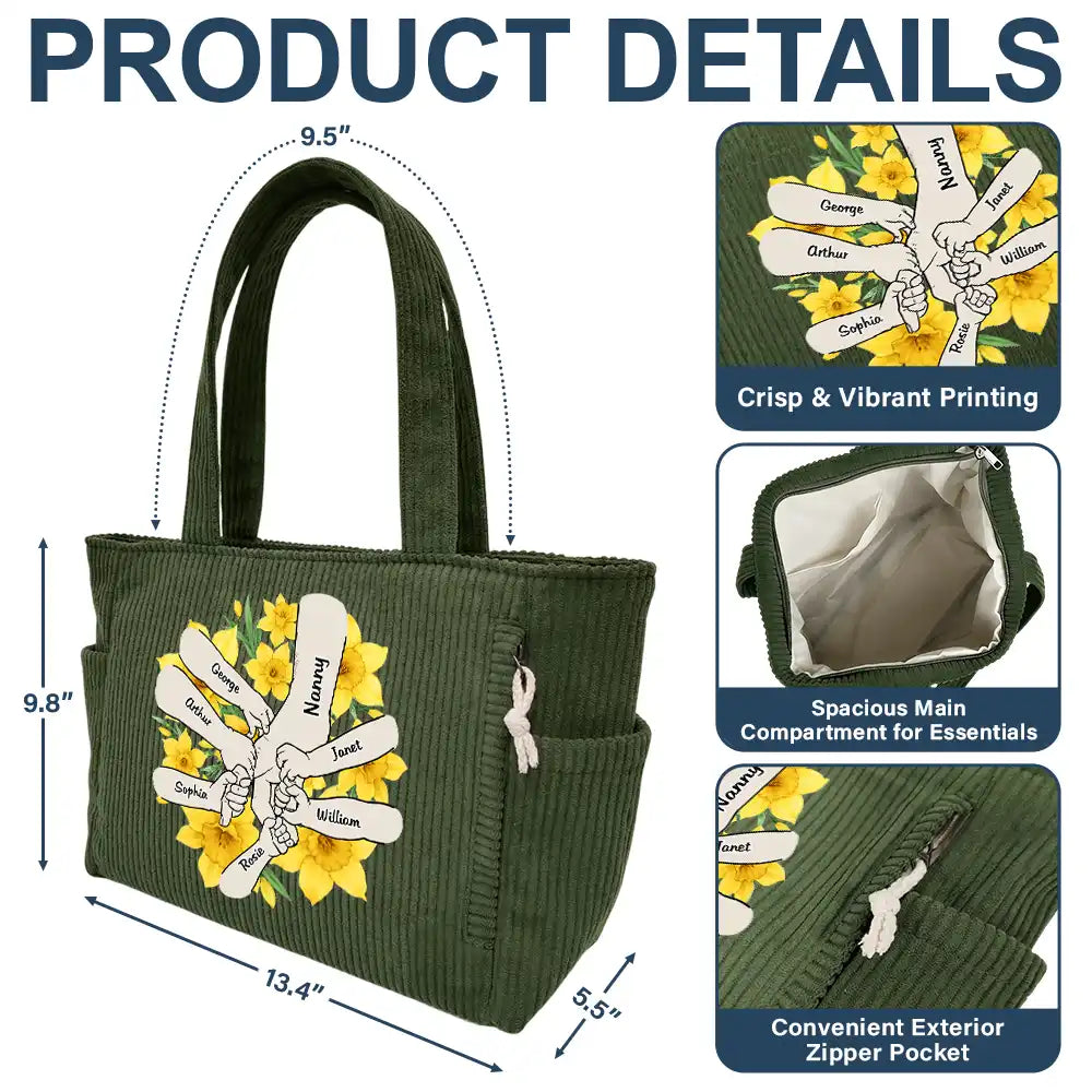 Happy,Gift For Wife,Gift For Yourself,Gift For Women,Gift For Mother,Gift For Grandma - Blooming In Mom's Grandma’s Hands - Personalized Corduroy Tote Bag