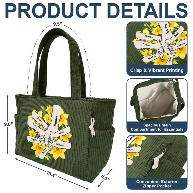 Happy,Gift For Wife,Gift For Yourself,Gift For Women,Gift For Mother,Gift For Grandma - Blooming In Mom's Grandma’s Hands - Personalized Corduroy Tote Bag