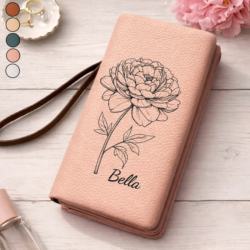 Mom - Daughters (Adult), Mom - Daughters (Young), Mom - Sons, Mom - Children, Gift For Mother, Love - Blooming With Birth Flowers - Personalized Tri-Fold PU Leather Wristlet Wallet