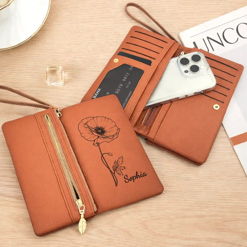 Mom - Daughters (Adult), Mom - Daughters (Young), Mom - Sons, Mom - Children, Gift For Mother, Love - Blooming With Birth Flowers - Personalized Tri-Fold PU Leather Wristlet Wallet