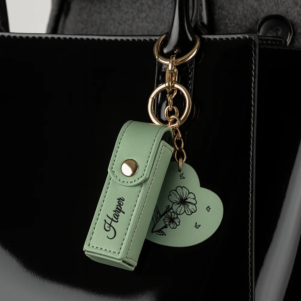 Leather Lipstick Case Keychain With Mirror - Blooming With Birth Month Flower - Personalized Leather Lipstick Case Keychain With Mirror