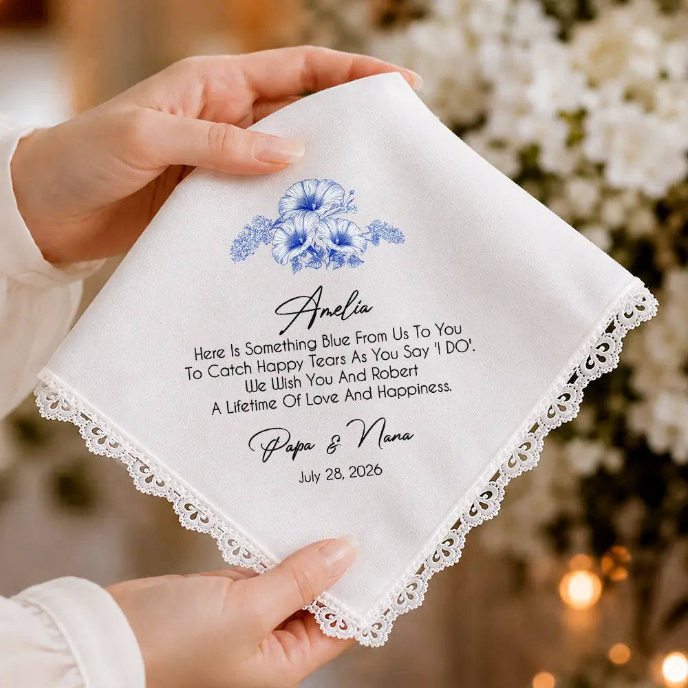 Sentimental,Gift For Children,Gift For Daughter,Wedding,Icon,Custom Text - Blue Wedding Birth Flower Toile For Bride, Daughter - Personalized Handkerchief
