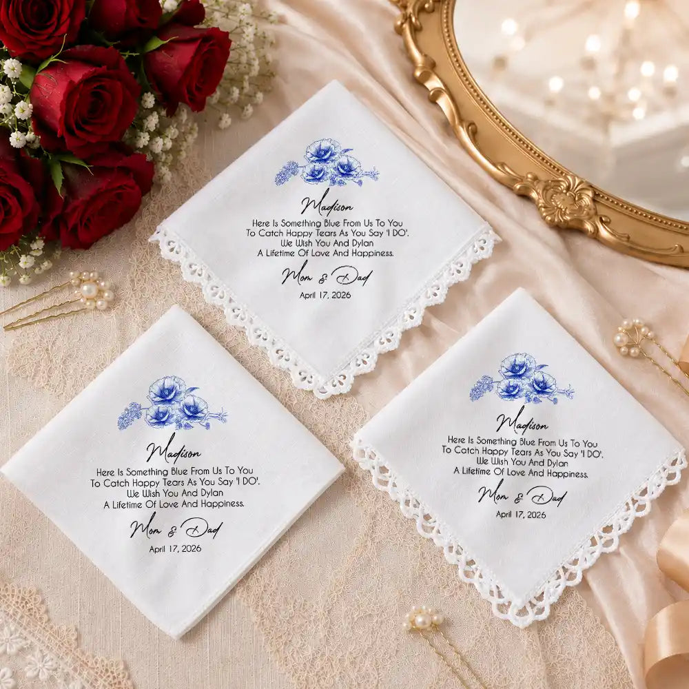 Sentimental,Gift For Children,Gift For Daughter,Wedding,Icon,Custom Text - Blue Wedding Birth Flower Toile For Bride, Daughter - Personalized Handkerchief
