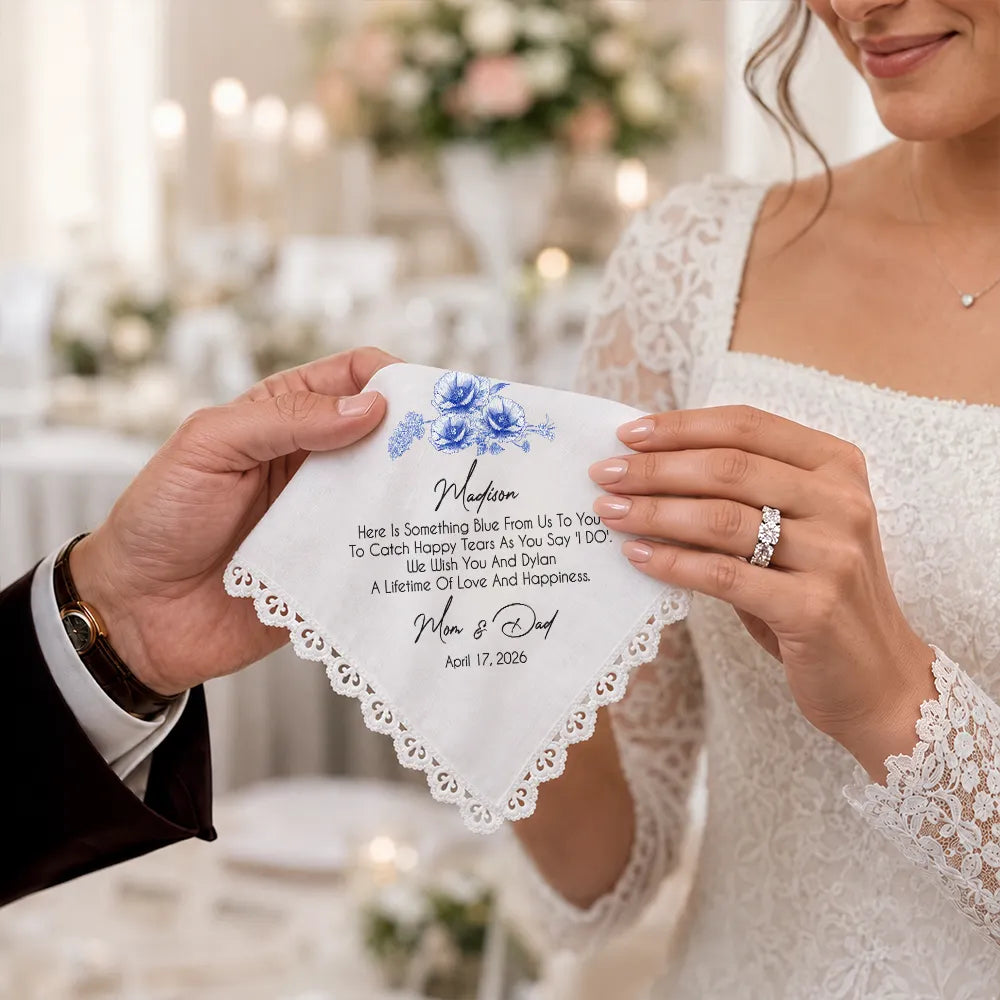 Blue Wedding Birth Flower Toile For Bride, Daughter - Personalized Handkerchief