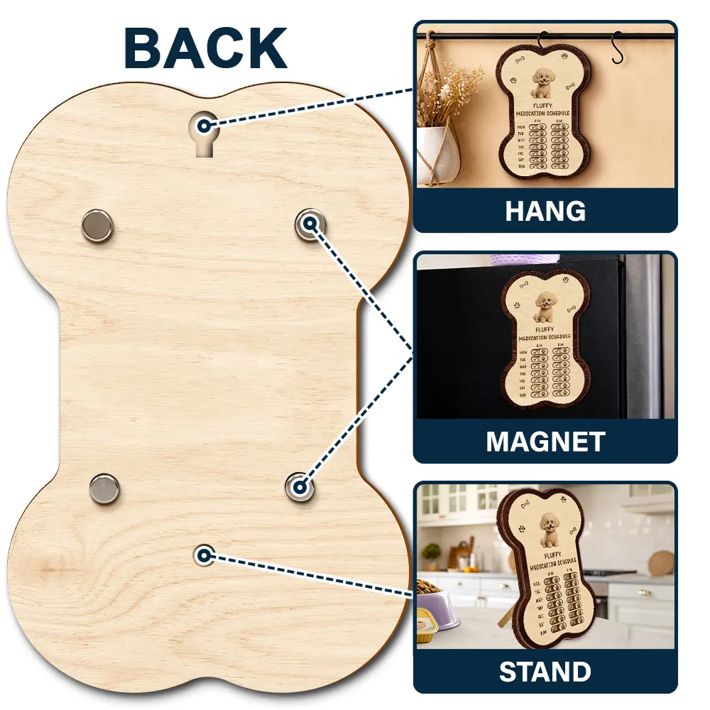 Dog Lovers,Dog Mom,Dog Dad,Dog Couple - Bone Shaped Feeding And Medication Tracker - Personalized Wooden Pet Feeding Reminder
