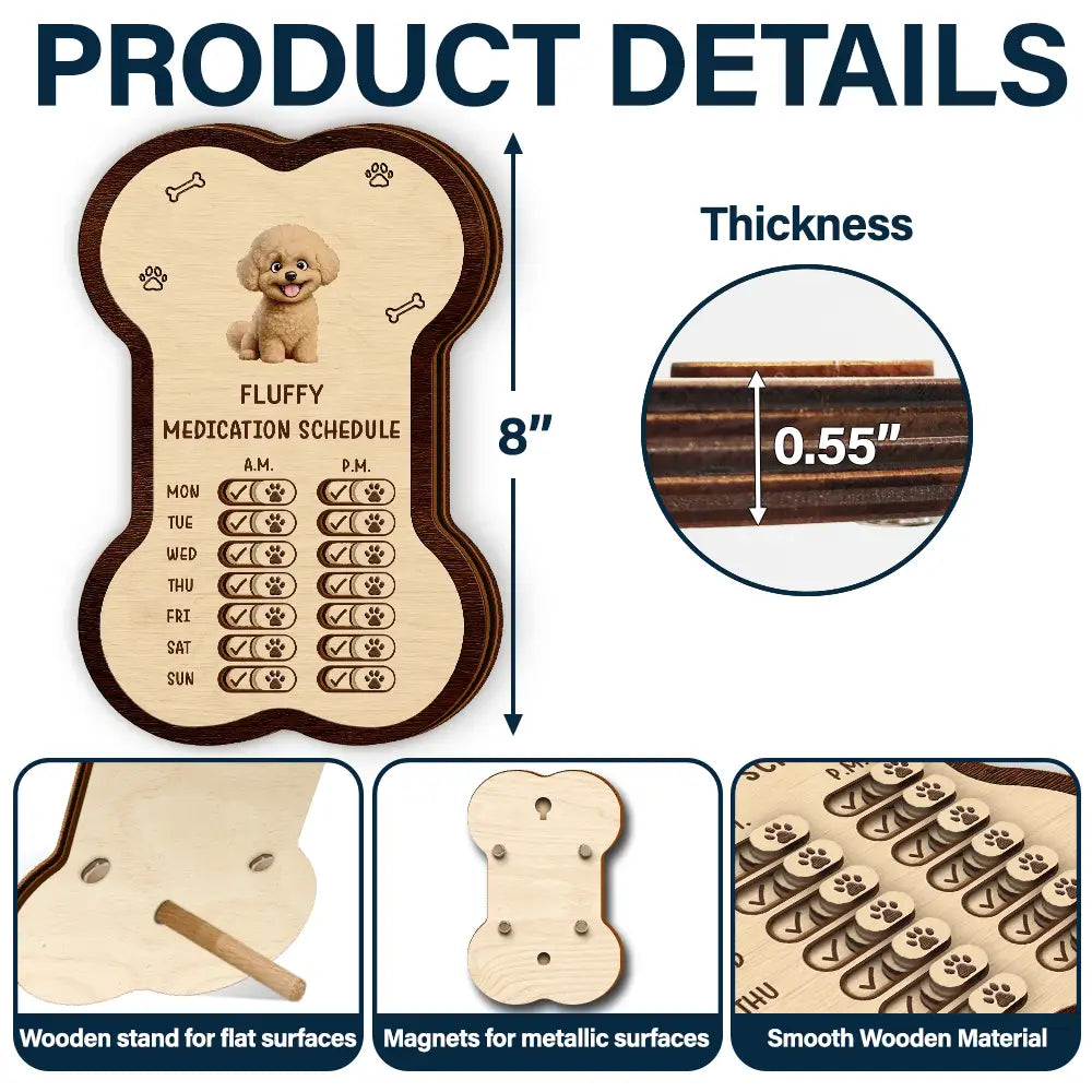 Dog Lovers,Dog Mom,Dog Dad,Dog Couple - Bone Shaped Feeding And Medication Tracker - Personalized Wooden Pet Feeding Reminder