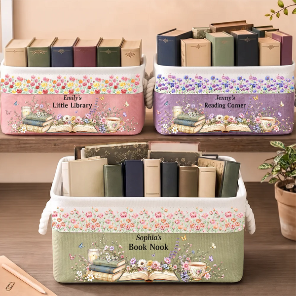 Top Market,Reading,Gift For Yourself,Gift For Women,Icon,Happy - Book Lovers Book Nook Birth Month Flower - Personalized Storage Basket