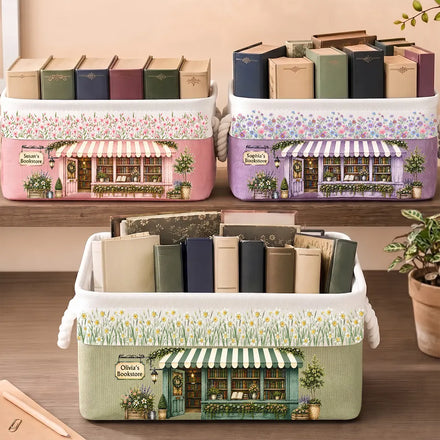 Book Lovers Corner Bookshop With Birth Month Flower - Personalized Storage Basket