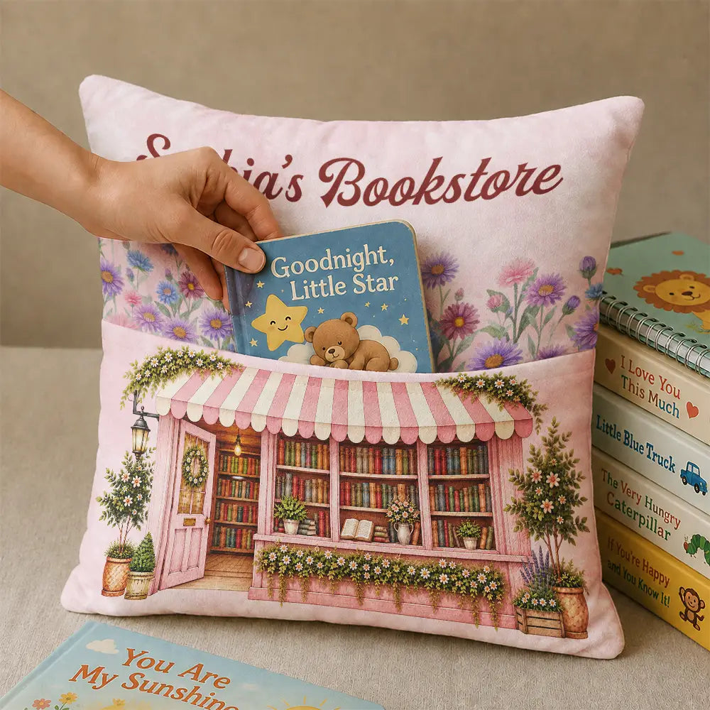Cozy,Reading,Gift For Yourself,Gift For Women,Icon - Book Lovers Corner Bookstore With Birth Month Flower - Personalized Pocket Pillow