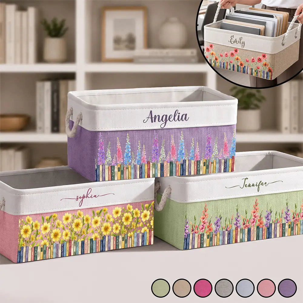 Top Market,Confident,Reading,Gift For Yourself,Gift For Women,Icon - Book Lovers Watercolor Birth Month Flower - Personalized Storage Basket