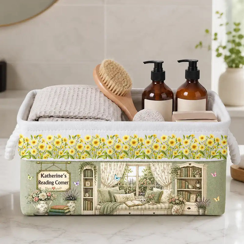 Proud,Reading,Gift For Yourself,Gift For Women,Icon - Book Lovers Book Nook Reading Corner Little Library With Birth Month Flower - Personalized Storage Basket