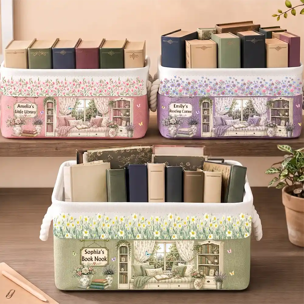 Book Lovers Book Nook Reading Corner Little Library With Birth Month Flower - Personalized Storage Basket