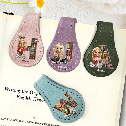 Bookish Monogram Girl With Book - Personalized Circle Leather Magnetic Bookmark