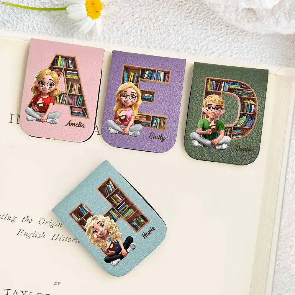 Reading,Gift For Yourself,Happy - Bookish Monogram Girl With Book - Personalized Leather Bookmark