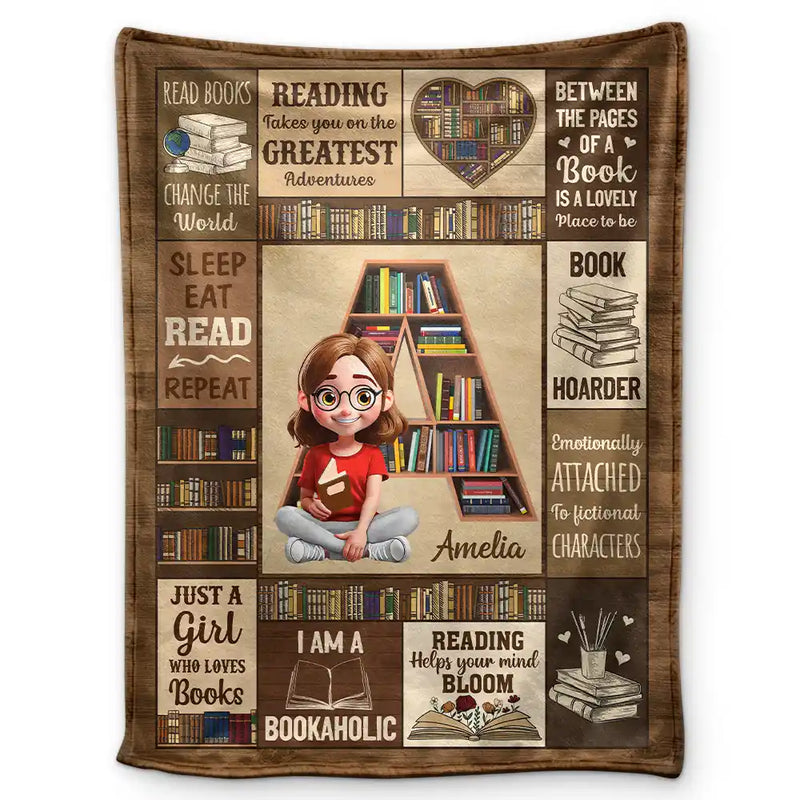 Reading,Gift For Yourself,Gift For Women,Happy - Bookish Monogram Reading Blanket - Personalized Fleece Blanket, Sherpa Blanket