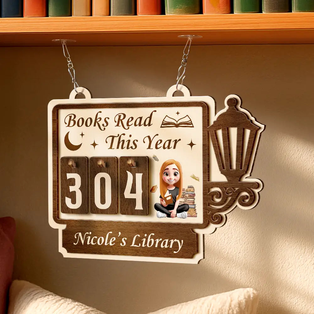 Reading, Gift For Yourself, Gift For Women, Happy - Books Read This Year 3D Effect Reading Girl - Personalized Hanging Tracker Sign