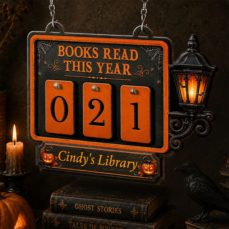 Playful,Halloween,Reading,Pet Lovers,Icon - Books Read This Year Halloween Style - Personalized Hanging Tracker Sign