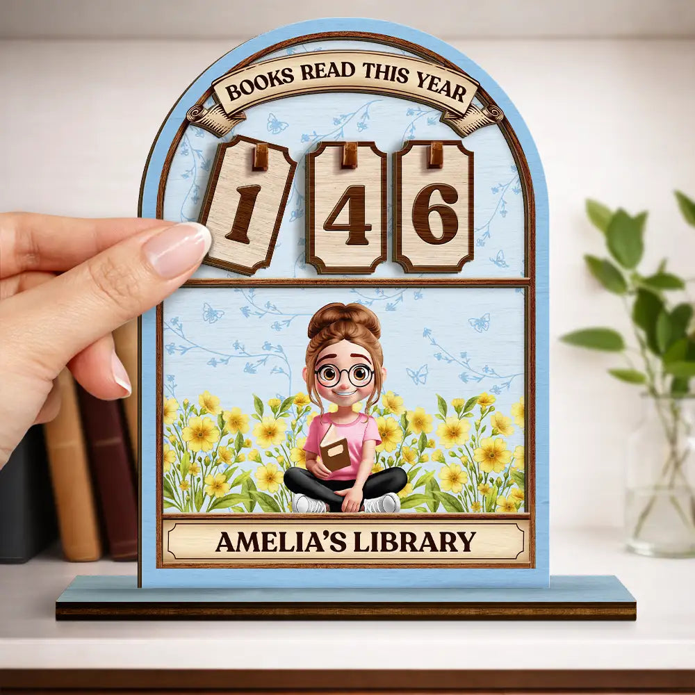 Gift For Women,Happy,Readin - Books Read This Year Reading Girl With Birth Month Flower - Personalized 2-Layered Wooden Tracker Sign