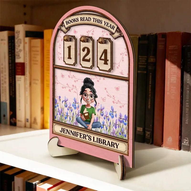 Gift For Women,Happy,Readin - Books Read This Year Reading Girl With Birth Month Flower - Personalized 2-Layered Wooden Tracker Sign