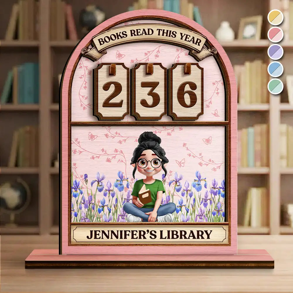 Books Read This Year Reading Girl With Birth Month Flower - Personalized 2-Layered Wooden Tracker Sign