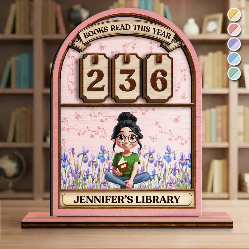 Gift For Women,Happy,Readin - Books Read This Year Reading Girl With Birth Month Flower - Personalized 2-Layered Wooden Tracker Sign