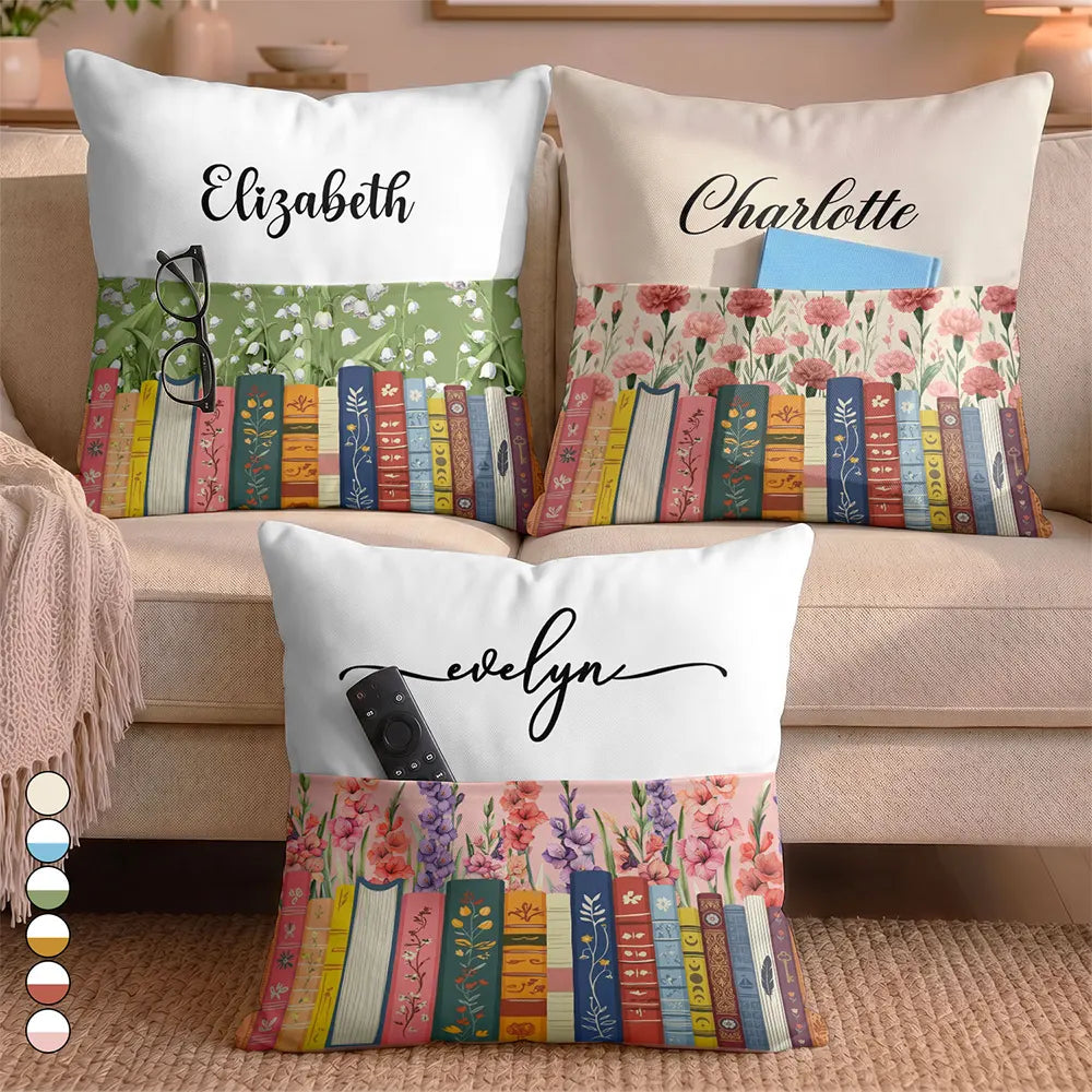 Christmas, Cozy, Reading, Gift For Yourself, Icon - Bookshelf Birth Month Flower - Personalized Pocket Pillow
