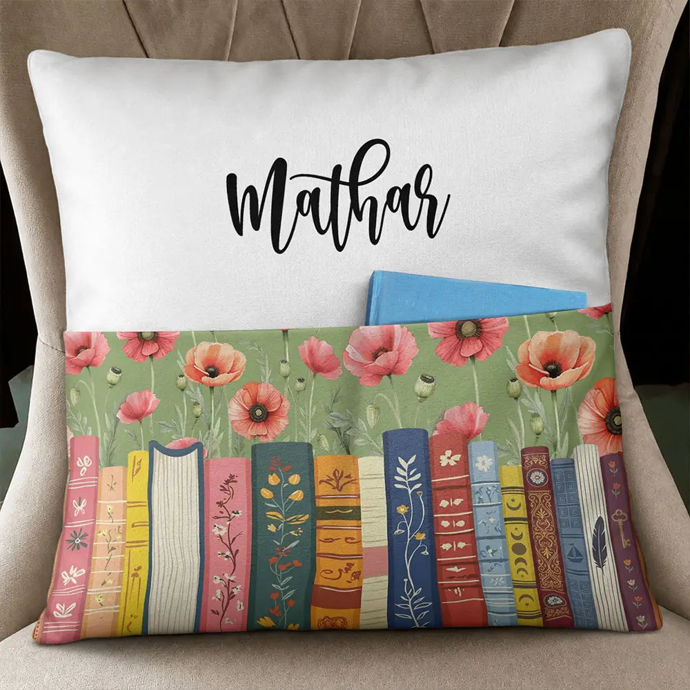 Christmas, Cozy, Reading, Gift For Yourself, Icon - Bookshelf Birth Month Flower - Personalized Pocket Pillow