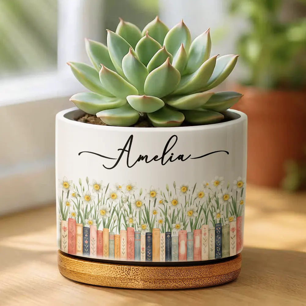 Adorable,Reading,Gift For Yourself,Icon - Bookshelf Flower Garden - Personalized Ceramic Plant Pot