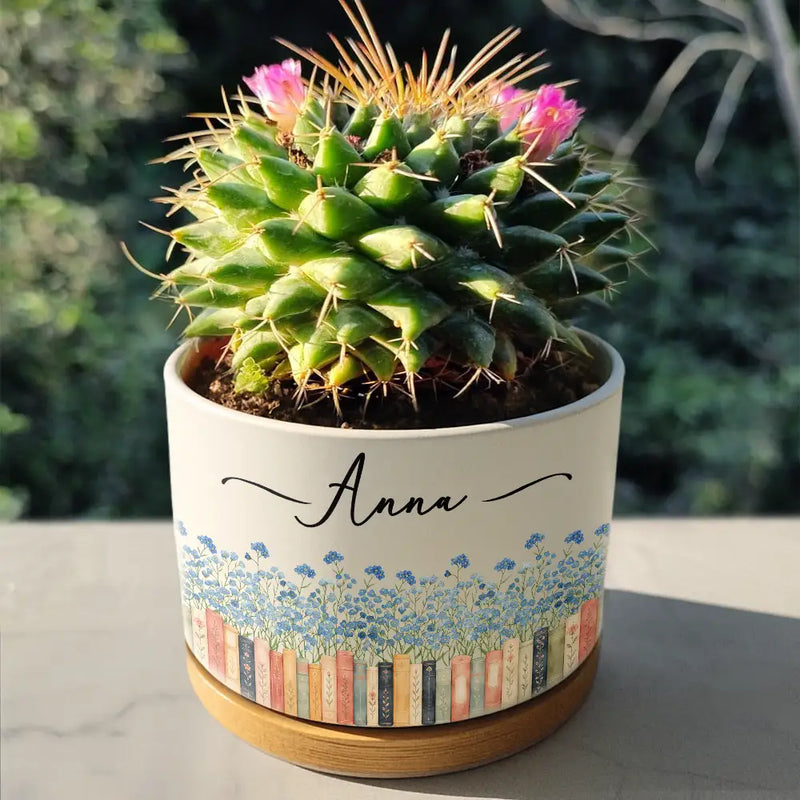 Adorable,Reading,Gift For Yourself,Icon - Bookshelf Flower Garden - Personalized Ceramic Plant Pot