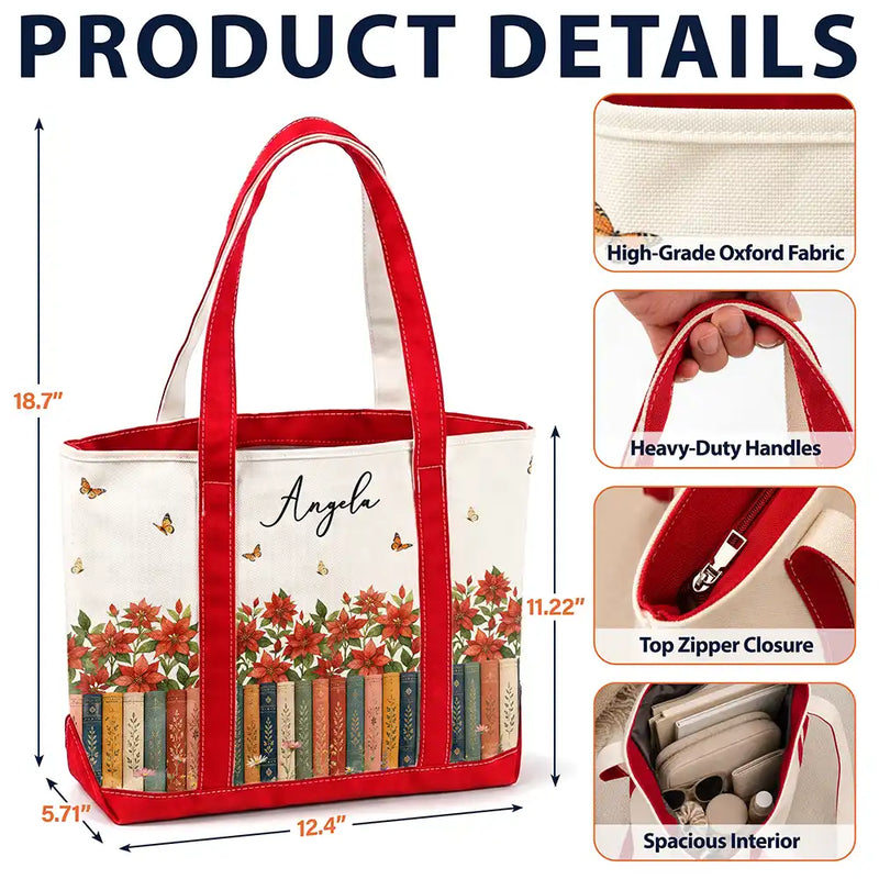 Reading,Gift For Yourself,Gift For Women,Icon,Happy - Bookshelf Flower Garden Woman Name - Personalized Fabric Tote Bag